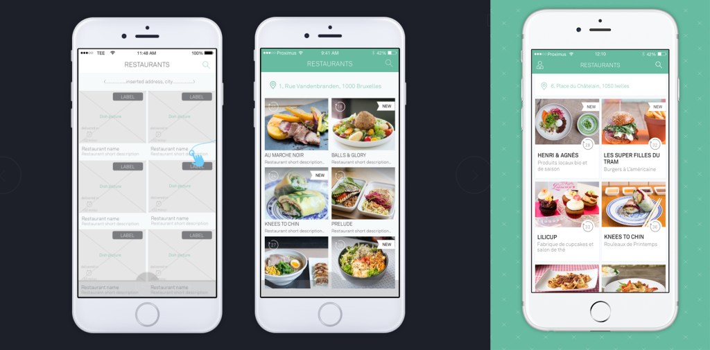 3 Mobile phone screenshots. Wireframes, UI designs and final iOS Take Eat Easy mobile app screenshot.